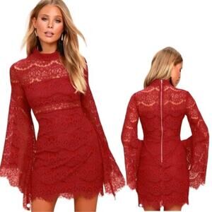 Lulu’s Bewitching Babe Mini Dress Size S Wine Red Lace Bell Sleeve Sexy Lined